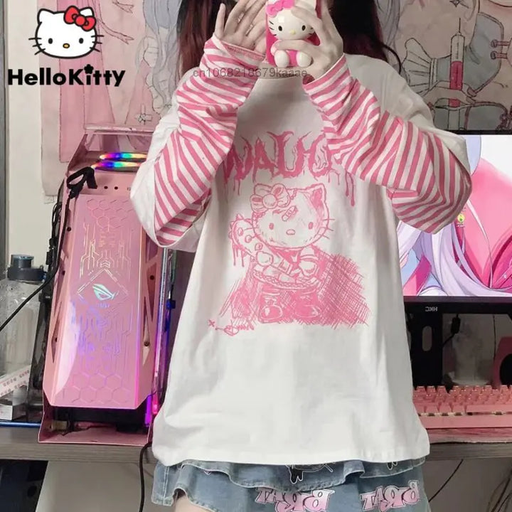 Sanrio Clothes Hello Kitty Patchwork Stripe Long Sleeves Top Y2k Girls Aesthetic Tops