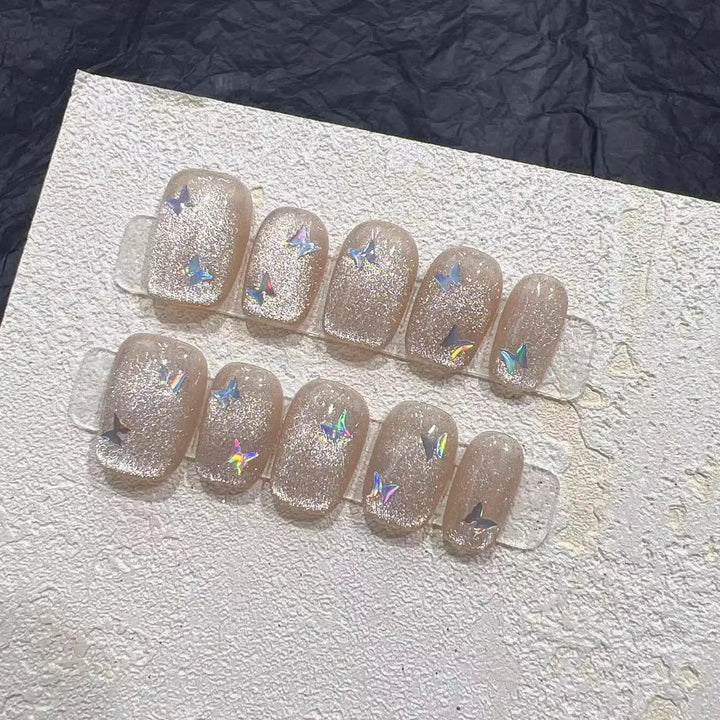 10PCS Wearable Crystal Cat Eye Butterfly Handmade Nail Art Finished Fake Nails