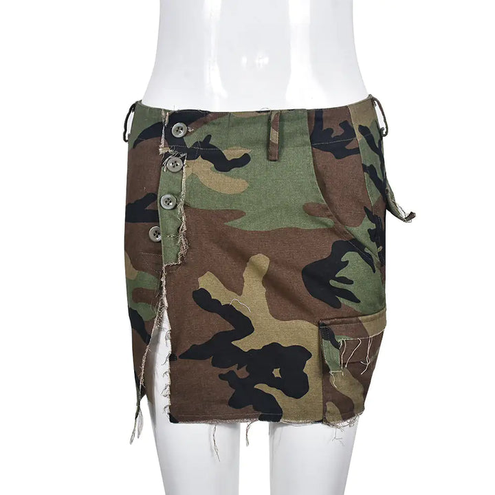 Distressed Camo Cargo Mini Skirt