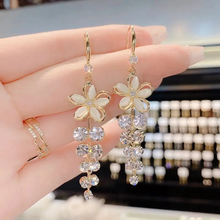 Opal Flower Tassel Earrings Set