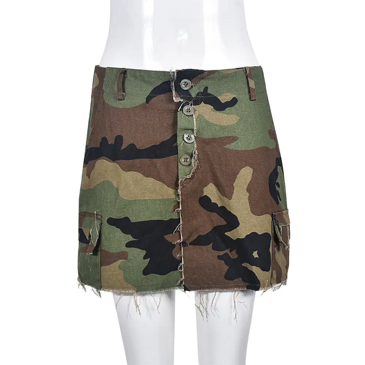 Distressed Camo Cargo Mini Skirt