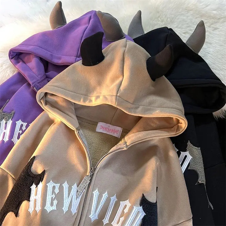 Sudaderas con capucha de cuerno de diablo de ala de murciélago