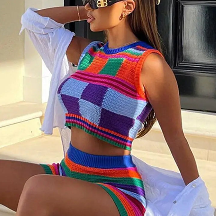 Knitted Contrast Color Crop Tank Top and Shorts